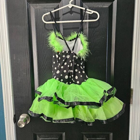 Weissman NWOT child intermediate dance costume lime green black polka dots jazz - Picture 5 of 6